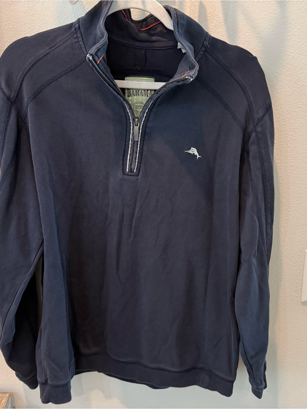 Tommy Bahama Chicago Bears Logo Navy Blue Half-Zip Sweater with Marlin Logo
